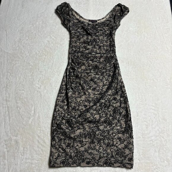 Betsey Johnson Vintage Black Lace Nude Dress Size 2 Ruched Y2K Grunge Floral - Picture 1 of 16